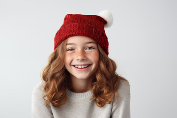 Young redhead woman with Christmas hat over isolated white background