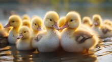 Group Of Yellow Cute Ducklings On The Water Of A Pond Or Lake