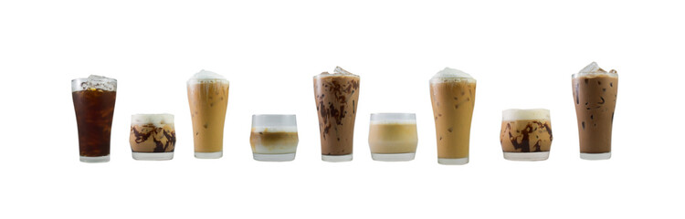 Iced coffee glass cups set transparent background