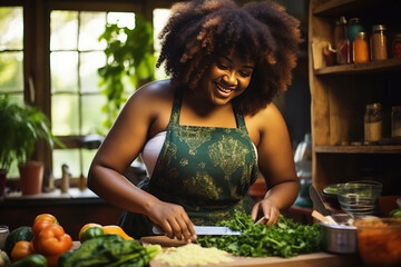 Wall Mural - Plus size african american woman in apron chopping vegetables in kitchen. healthy lifestyle, food, cooking and domestic life, unaltered.