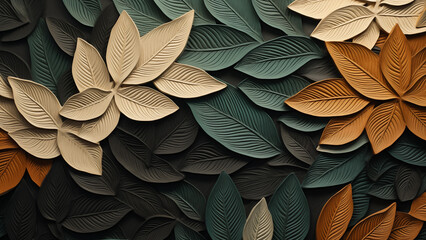 Wall Mural - Illustration of leaves in green, brown, and white colors