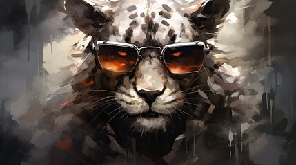 Snow leopard in sunglasses close-up. Portrait of a snow leopard. Anthopomorphic creature. Fictional character for advertising and marketing. Humorous character for graphic design.