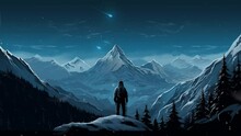 Silhouette of snowy mountains and a hiker with animated shooting stars in the night sky. seamless looping video background animation. Generated with AI