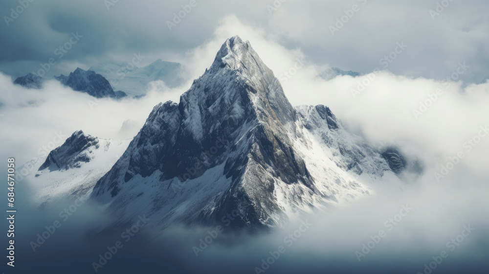 Mountain peak covered with snow buried in clouds. Illustration for ...