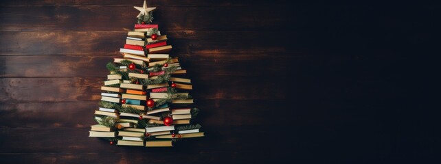 Christmas tree made from pile of books. Top view, flat lay, Colorful Books in form of christmas tree on wooden background. Creative minimalist Chirstmas background. Holiday book sale.