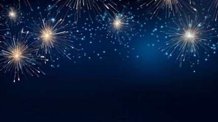 Dark blue festive background banner with sparklers. Long- sparkles and bokeh lights on night sky texture, with space for text. Concept of Christmas and New Year holidays. Copy space.