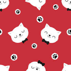 Poster - Seamless pattern with cat cartoons and paw print on red background vector illustration.