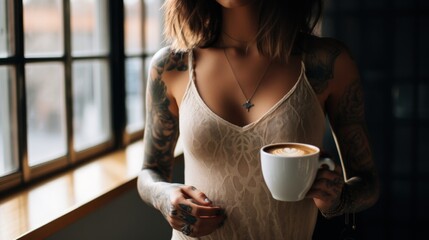 Sticker - A woman holding a cup of coffee in front of a window