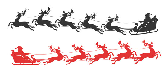 Christmas silhouette, Santa Claus with gifts in a sleigh drawn by reindeer. Happy holidays symbol, vector illustration