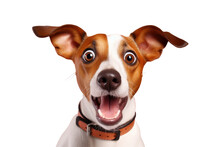 Studio Portrait Of Funny And Excited Dog Face Shocked Or Surprised Expression Isolated On Transparent Png Background.