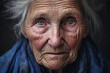 Close up of wrinkled face of sad very old woman