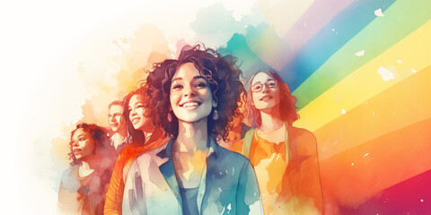 Wall Mural - Group of diverse young people smiling together, positive and united, watercolor illustration on white background, diversity concept