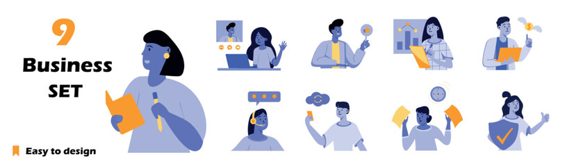 Artboard of mini concepts on the topic of business. Image showcase a process of creating business deals. Vector illustration.