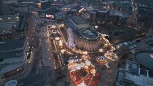Aerial Orbit View Of Liverpool Christmas Market Round St John's Gardens And St George's Hall, Merseyside, England