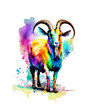 Ziege Bock in regenbogen bunten Wasserfarben mit Spritzern Kleksen vor einem weißen Hintergrund als Vorlage für Design bauernhof Haustiere Zucht aus Europa Amerika und Asien, Tierpark oder Zoo