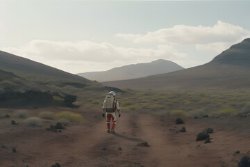 Wall Mural - courageous astronaut in the space suit explores red planet mars covered in mist. adventure. space tr