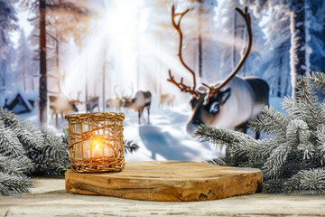 Wall Mural - Winter mockup background of snow and frost. Natural rural landscape and sun light. Empty space for your decoration. Magic christmas photo of pedestals and vintage style. Cold december day. 