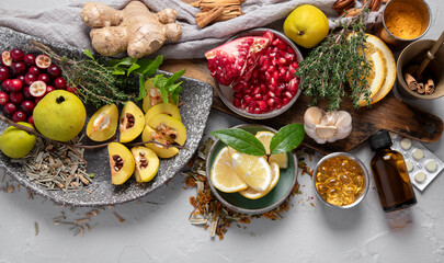 Canvas Print - Fruits, vegetables and herbs for healthy immune system.