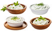 Set of delicious tzatziki sauces in bowls, cut out