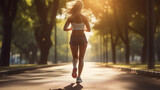 Kobieta biegnie przez park w promieniach słońca, aktywność fizyczna