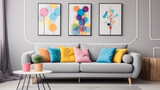 Fototapeta  - Prosty design kanapy z trzema kolorowymi poduszkami i kolorowymi obrazami na ścianie