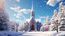 Beautiful Church And Falling Snow In The Christmas Day