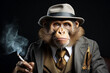 portrait of barbary ape monkey wearing elegant clothes in 1920s roaring style smoking a cigar