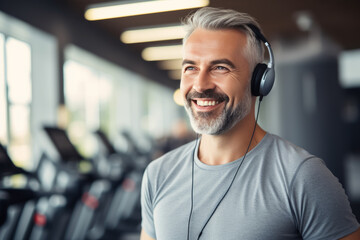 Wall Mural -  middle age smiling muscular man in headphones in gym. Healthy lifestyle. sport concept