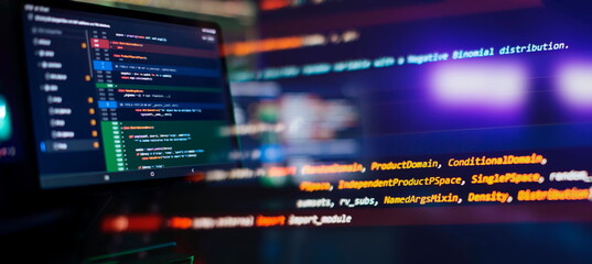Running Computer data programming. Coding script text on screen.