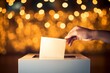 Woman person put paper vote into white mock up ballot box. Blurred bokeh lights on background