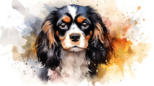 Watercolor Portrait Tricolor Cute Cavalier King Charles Spaniel Puppy