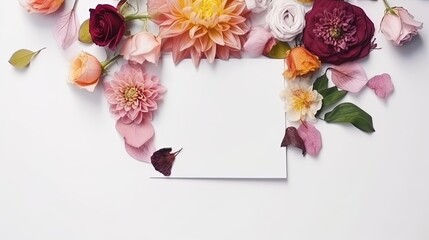 Wall Mural - Top view blank card with flowers Abstract organic flowers Blooming floral on white background