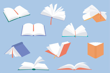 Aufkleber - Books mega set in flat design. Bundle elements of different opened books in hardcover with bookmarks, literature in bookshop or textbooks in library. Vector illustration isolated graphic objects