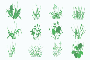 Leinwandbilder - Green plants mega set in flat design. Bundle elements of outdoor greenery and meadow herbs and leaves of dandelions, cereals, chives, clovers, plantains. Vector illustration isolated graphic objects