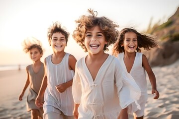 Wall Mural - group of kids walking on the beach happily