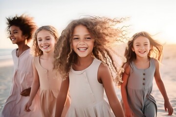 Wall Mural - group of kids walking on the beach happily