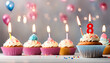 Birthday cupcake with lit birthday candle Number eight for eight years or eighth anniversary