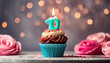 Birthday cupcake with lit birthday candle Number ten for ten years or tenth anniversary