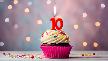 Wall Mural - Birthday cupcake with lit birthday candle Number ten for ten years or tenth anniversary