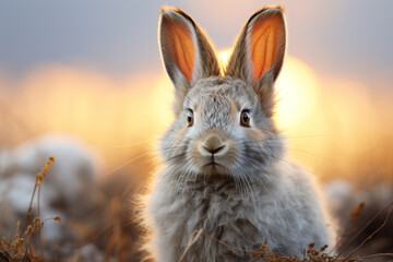 Wall Mural - A close-up of a dappled grey rabbit against a pale yellow background, showcasing the intricate patterns in its fur.