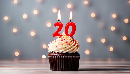 Wall Mural - Birthday cupcake with lit birthday candle Number twenty for twenty years or twentieth anniversary