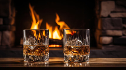 Wall Mural - Two glasses of cognac or whisky with ice, fireplace in the background