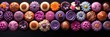 an exquisite collection of chocolate pralines and candies, each intricately designed with various textures and adorned with edible flowers, spirals, and glitter, arranged in a colorful pattern against