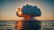 sunset over the sea A detonation of a nuclear bomb underwater, causing a massive plume of water and steam 