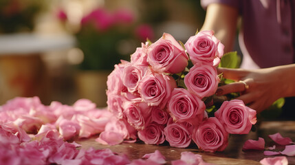 Close-up of female hands with a bouquet of roses. The florist collects a bouquet. Give flowers