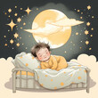 © bravissimos - Cartoon kid boy sleep at night, wake up at morning.
