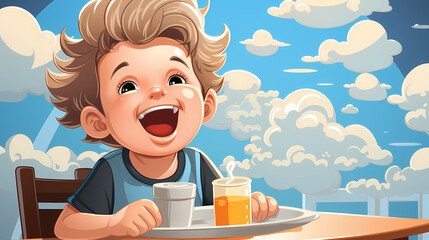 Wall Mural - Boy eats food, delicious meal and joy