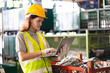 © chokniti - Female engineer using laptop computer for safety control checks or manufacturing maintenance work in factory building or construction site. woman engineer inspector working in industry product line