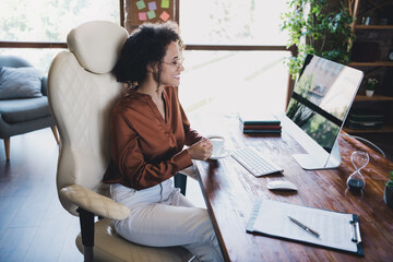 Poster - Profile portrait of elegant lawyer girl sitting leather chair watch video monitor spacious bright office indoors