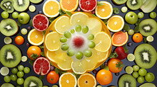 Fruits Pictures In Style Of Kaleidoscope Art On Black Background. Elegant Art Of Fruits. 